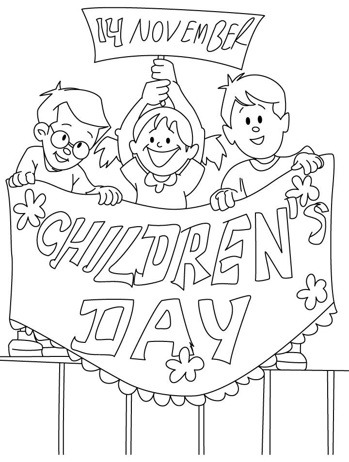 Online coloring book: Coloring book children are holding a banner for childrens day